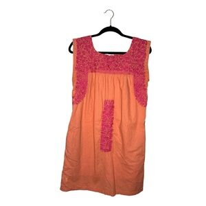 J. Marie Orange and Pink Sleeveless Embroidered Mini Dress pockets women's small